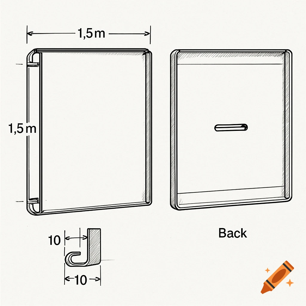 Technical drawing of a square panel with dimensions, folded edges, a slot, and a back view.