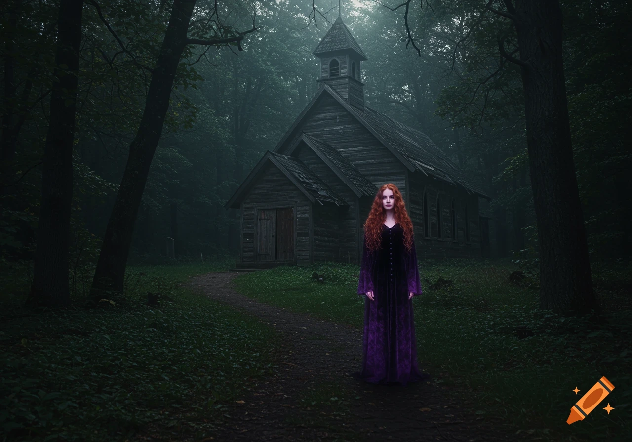 A woman with long red hair in a purple dress stands on a path leading to a dilapidated wooden church in a dark, misty forest.