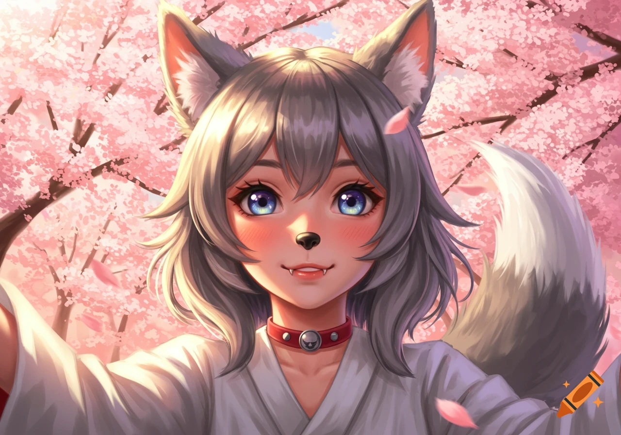 Anime wolf girl with blue eyes smiles among pink cherry blossoms.