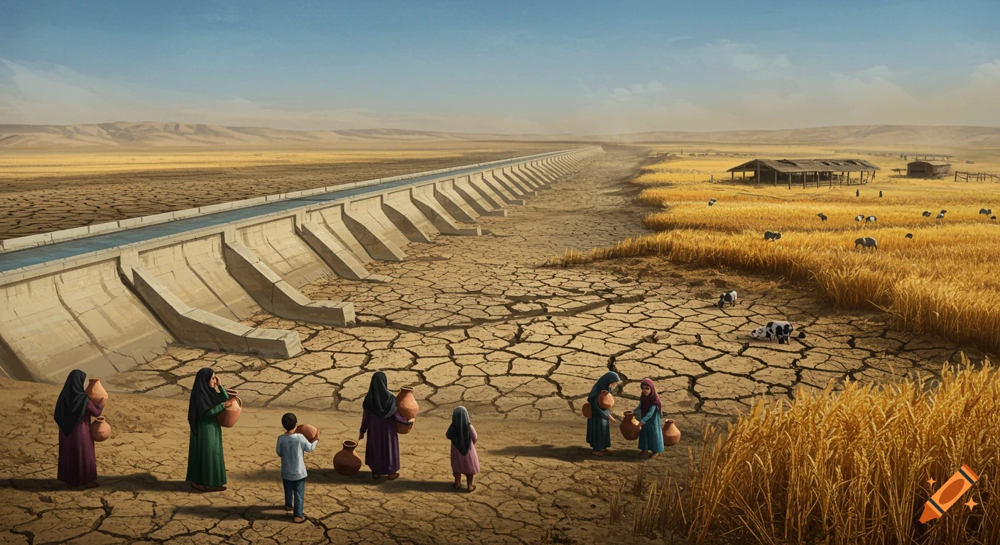 A vast, cracked desert landscape shows a long concrete aqueduct with water on one side and parched, yellow fields on the other. People carry water jugs in the foreground, with some livestock scattered in the distance, illustrating severe water shortage.