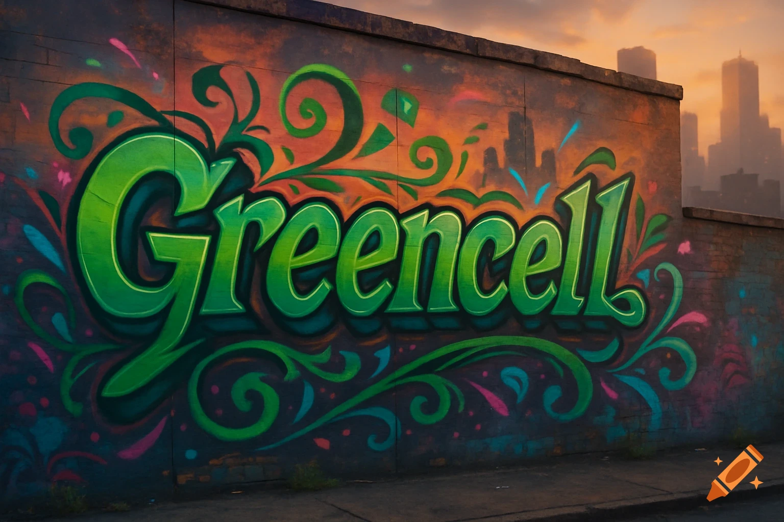 The word "Greencell" in green graffiti on a vibrant, colorful wall with a city skyline at sunset.
