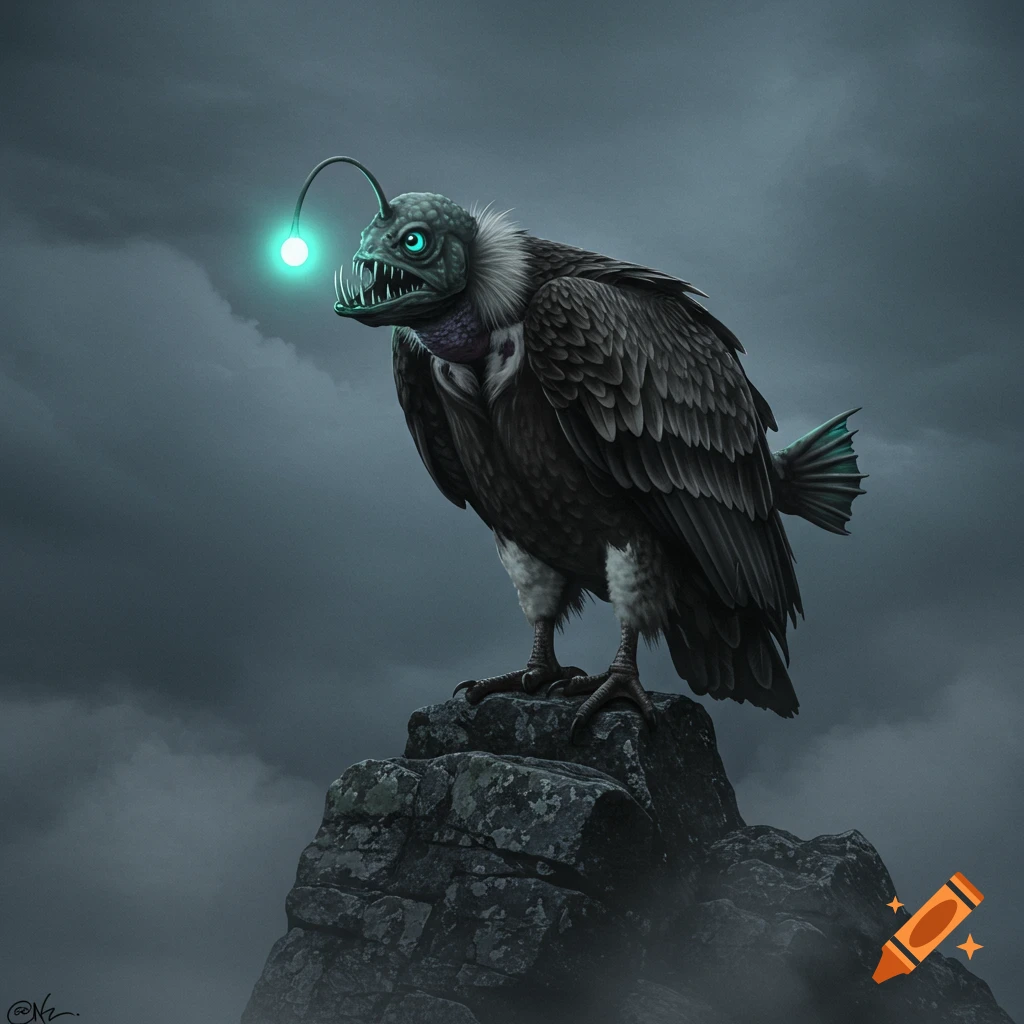 A dark fantasy illustration of a vulture-angler fish hybrid creature with a glowing lure, perched on a rocky peak under a stormy sky.