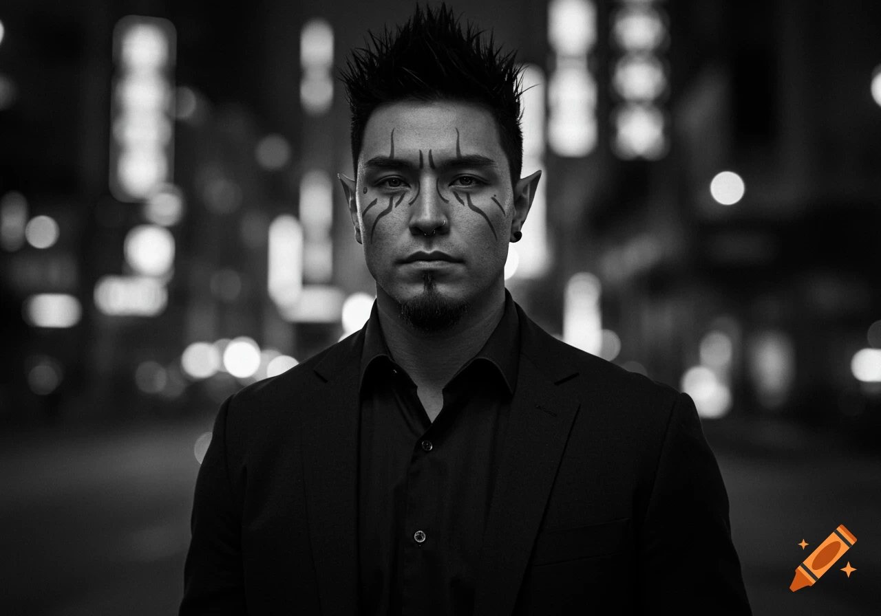 Photorealistic black and white portrait of a man with elf ears, face markings, spiked hair, and a goatee, wearing a suit in a blurred city.