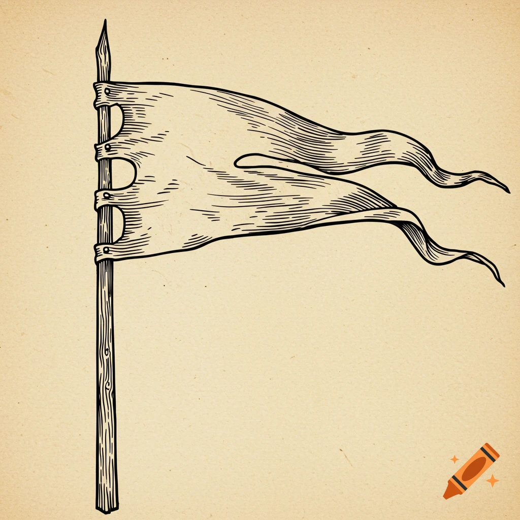 A woodcut engraving of a medieval pennant blowing in the wind on a weathered wooden pole against an aged parchment background.
