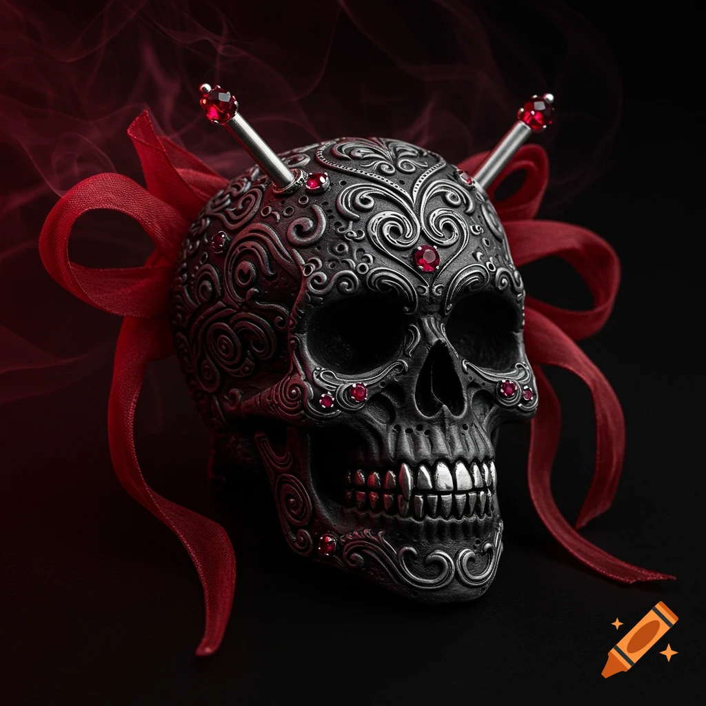 Ornate black skull adorned with red jewels and ribbons, against a dark, smoky background.