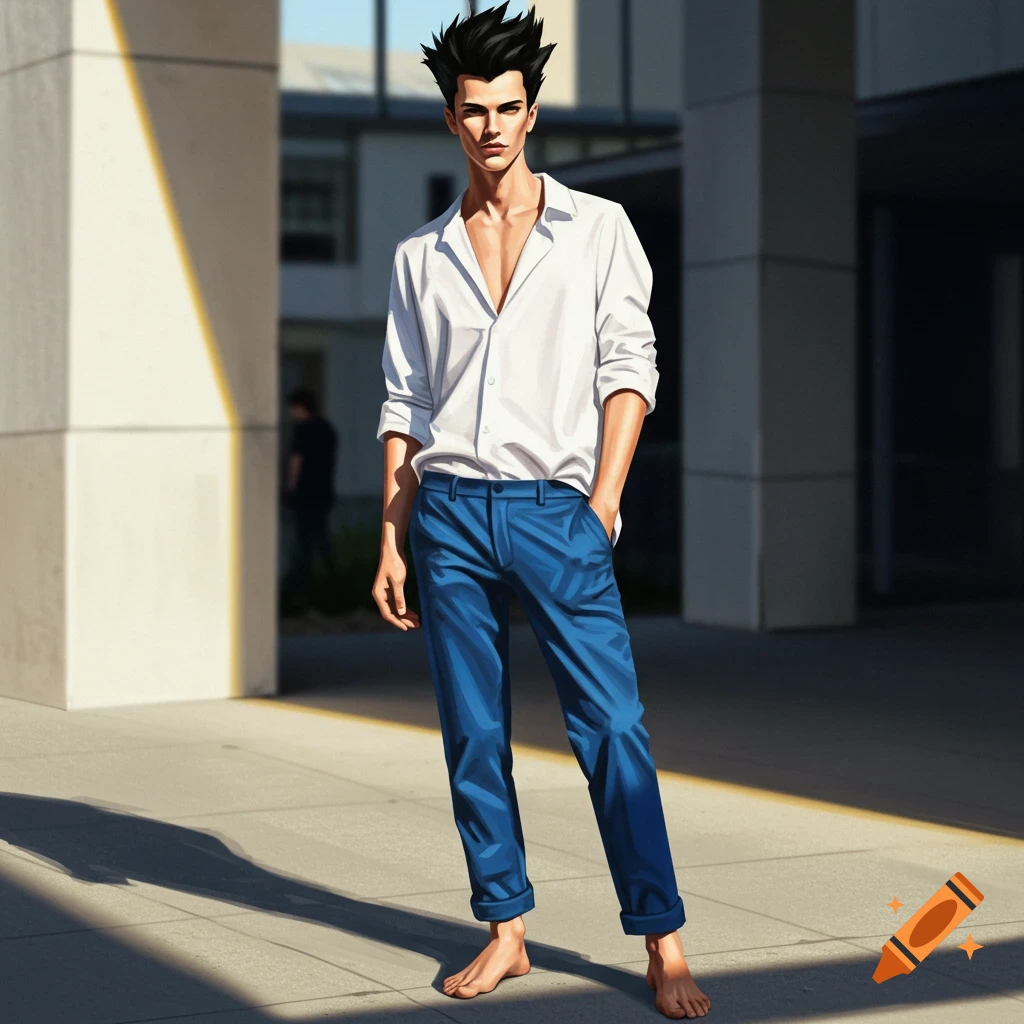 Stylized man with spiky black hair in a white shirt and blue pants standing barefoot on a sidewalk.