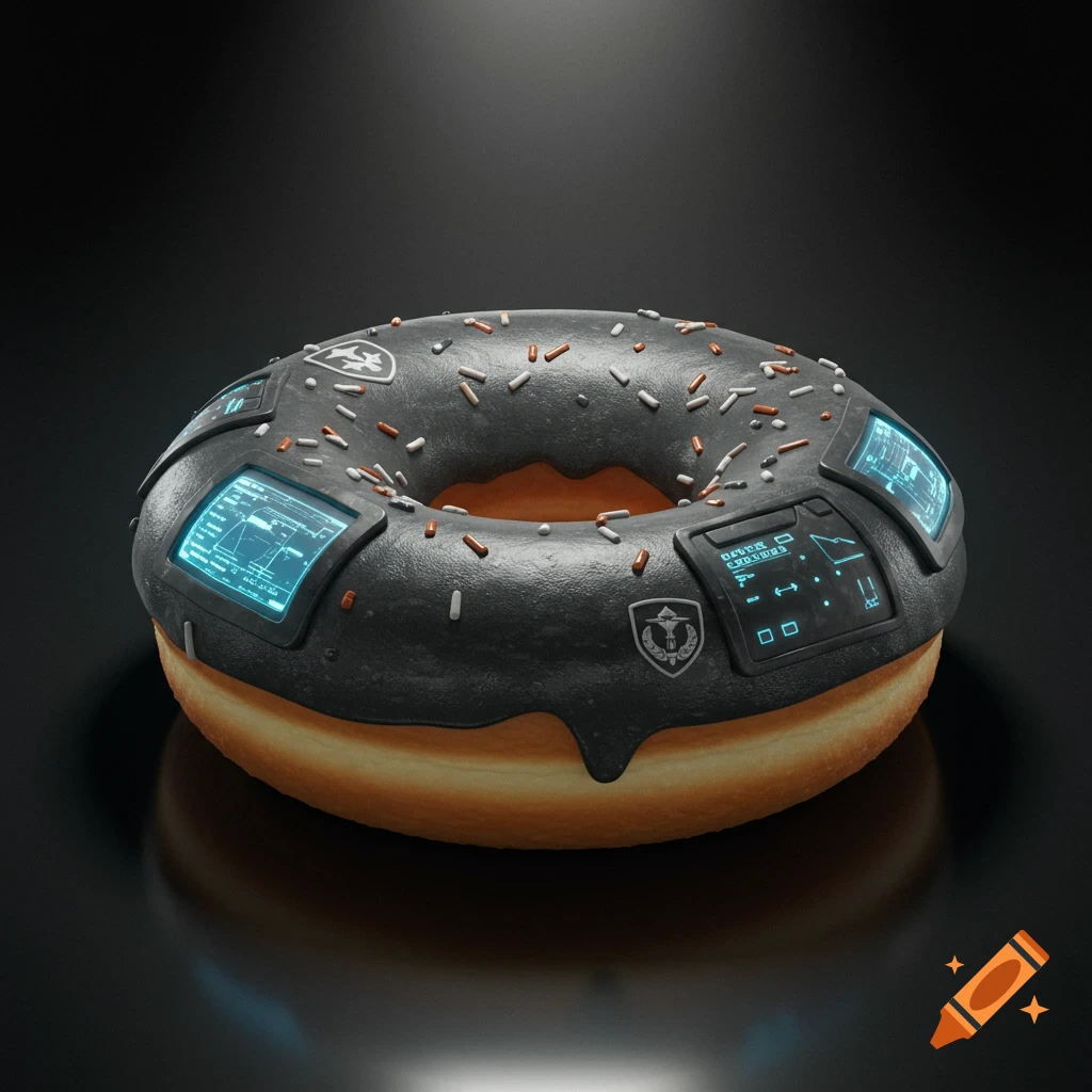 A photorealistic 3D render of a donut with dark gray icing, sprinkles, and integrated tactical screens displaying blue glowing UI elements.