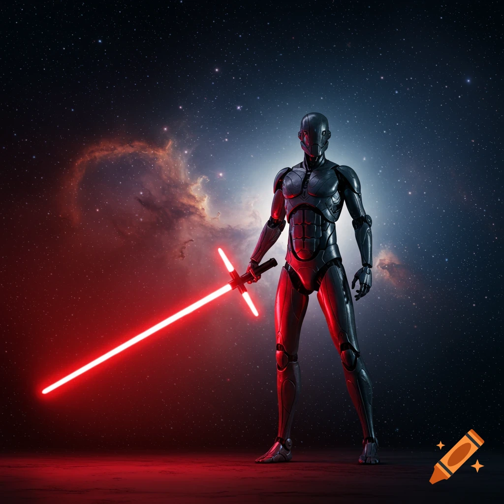 A dark robot stands holding a red crossguard lightsaber against a cosmic background with stars and a nebula.