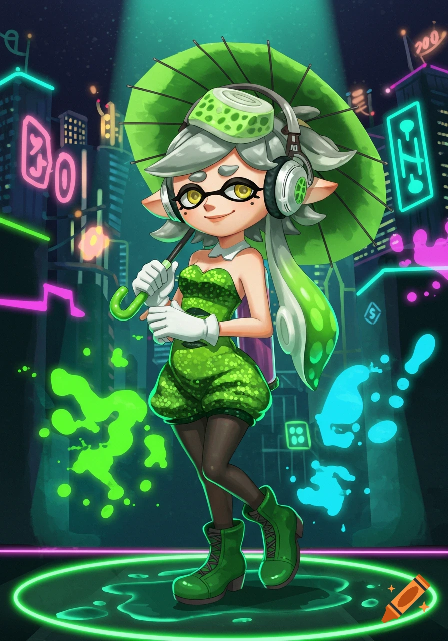 A stylized illustration of Marie from Splatoon standing with a green umbrella in a vibrant neon city at night.
