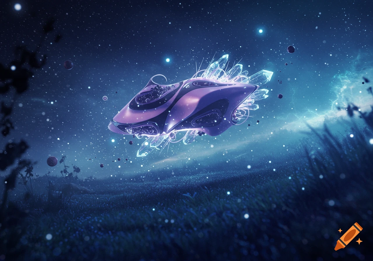 A futuristic purple and black vehicle with glowing crystals hovers over a dark blue, starry landscape.