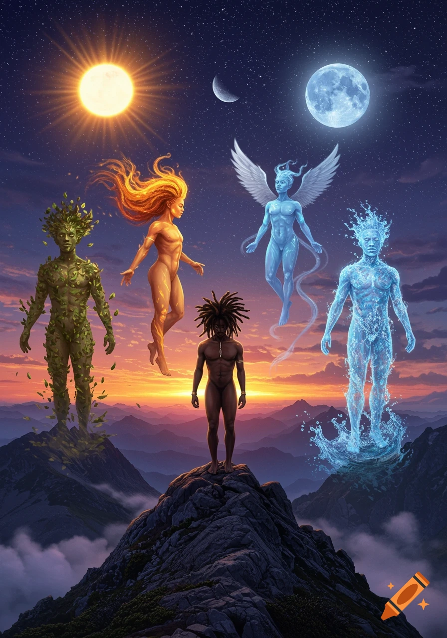 Fantasy art of a man with dreadlocks on a mountain, surrounded by elemental figures of earth, fire, air, and water, under a twilight sky with both sun and moon.