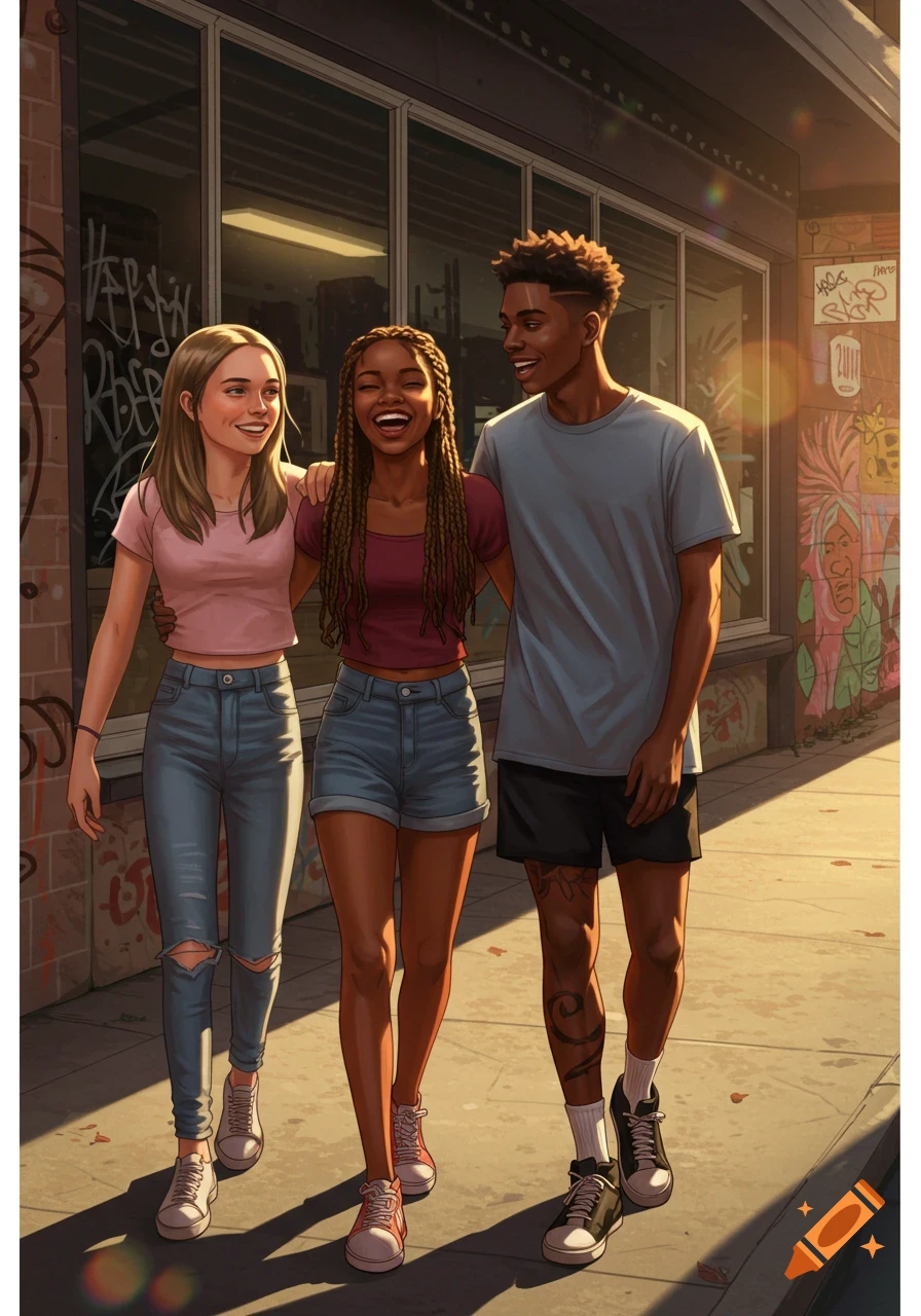 Three diverse young adults walk arm-in-arm on a sunny urban street with graffiti, laughing.