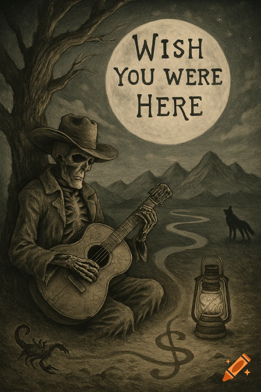 A sepia-toned charcoal drawing of a skeleton cowboy playing guitar under a full moon with "Wish You Were Here" text. A wolf, scorpion, and lantern are visible.