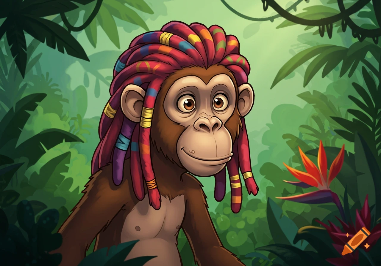 A cartoon ape with colorful dreadlocks smiles in a lush green jungle, with a bird of paradise flower to its right.