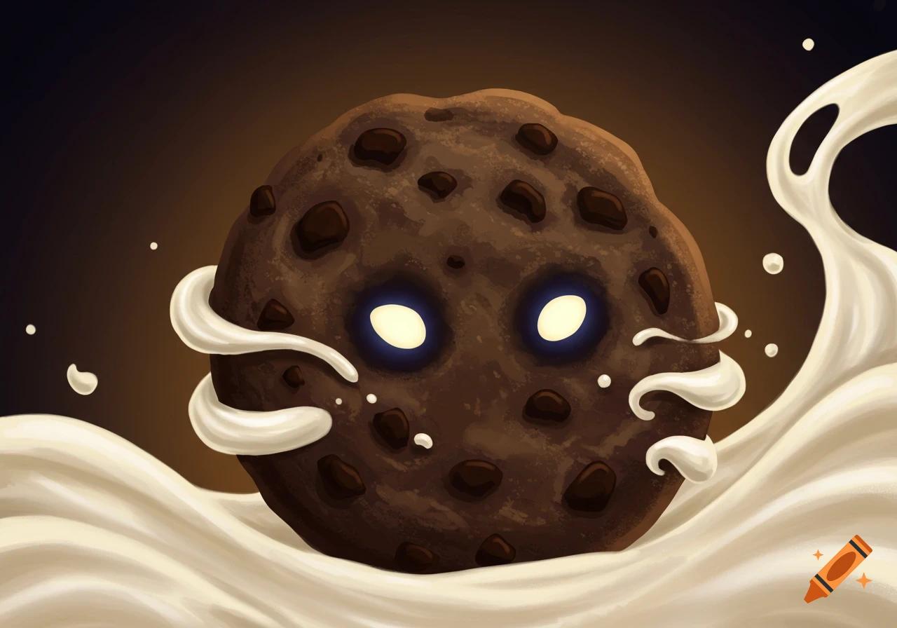 A stylized illustration of a dark chocolate chip cookie character with glowing white eyes, surrounded by splashing white milk.