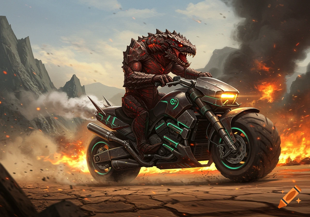 A large red monstrous creature with scales rides a futuristic motorcycle through a fiery, post-apocalyptic landscape with mountains.