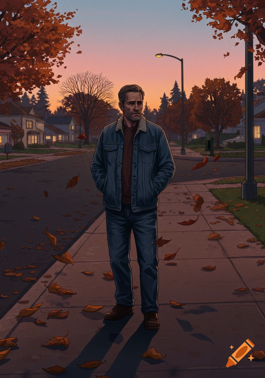 An illustrated man with a beard and denim jacket walks on an autumn street with falling leaves at sunset.