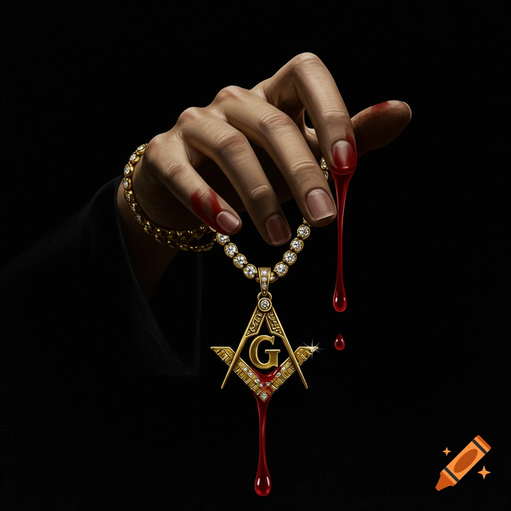 A hand with blood on its fingers holds a gold chain with a diamond-studded Freemason symbol pendant, from which blood drips onto a dark background.