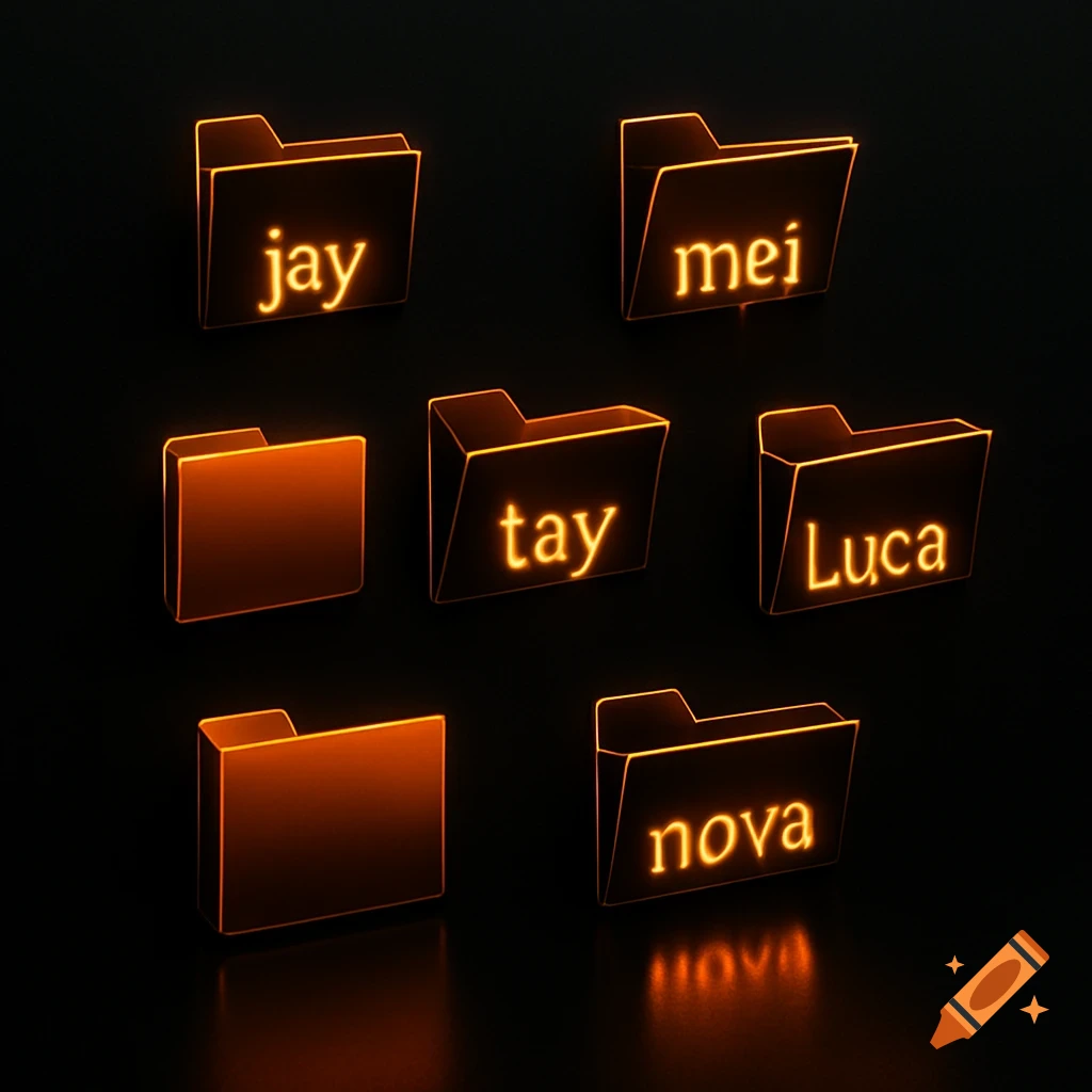 Glowing orange digital folder icons with names like 'jay', 'mei', 'tay', 'Luca', and 'nova' on a dark background.