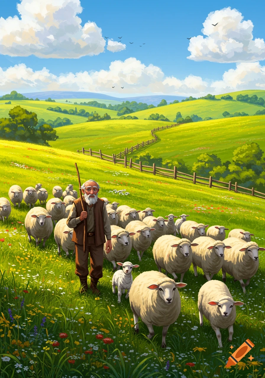 An old shepherd leads a large flock of sheep through a vibrant green, hilly meadow under a blue sky with fluffy clouds, in an illustrative style.