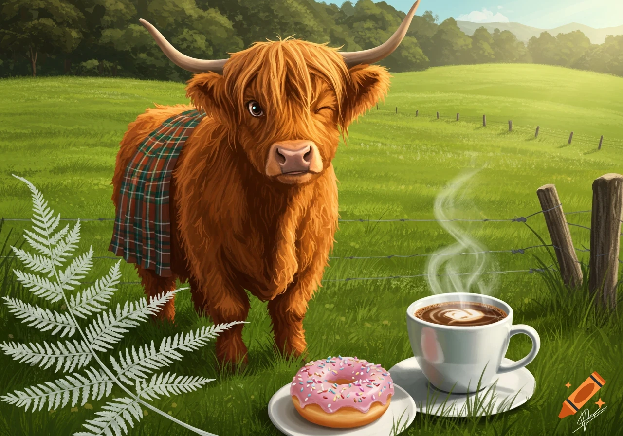 An illustration of a winking Highland cow wearing a kilt, standing in a green field next to a steaming cup of coffee and a pink donut with sprinkles. A white fern is in the foreground.