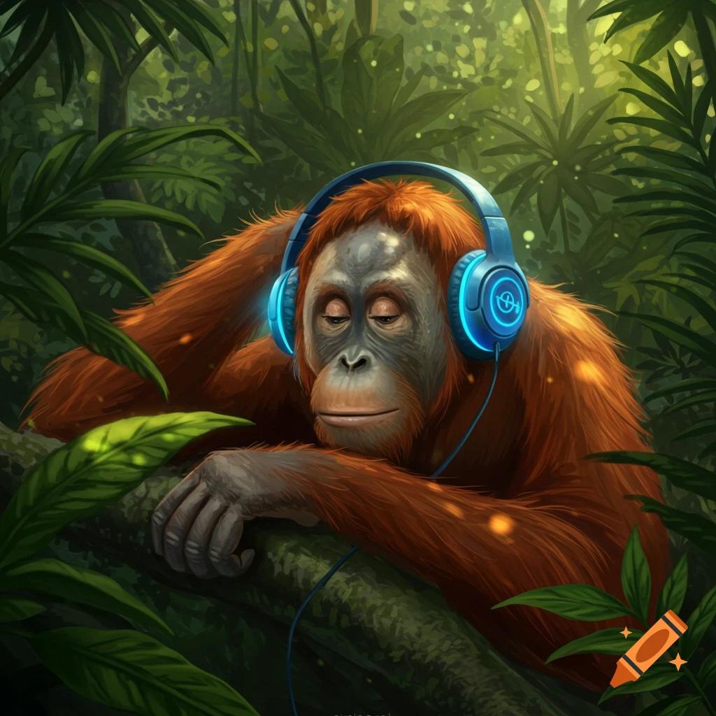 A detailed illustration of an orangutan with glowing blue headphones resting on a tree branch in a lush jungle.