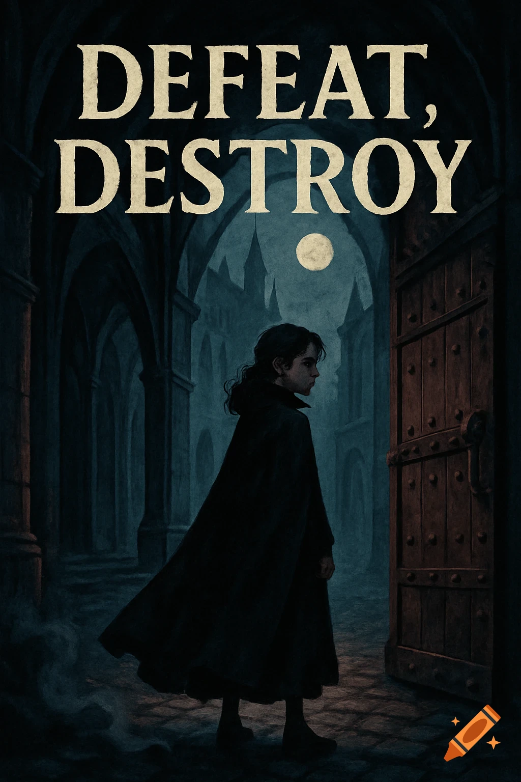 A person in a black cape looks towards a large wooden door under a full moon, with dark arched hallways and a castle in the background. The text "DEFEAT, DESTROY" is at the top.