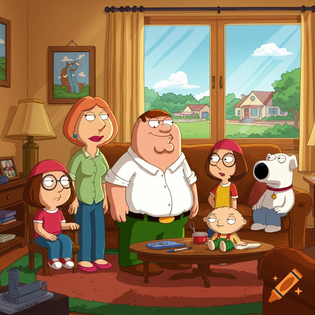 The Griffin family from Family Guy gathered in their cartoon living room.