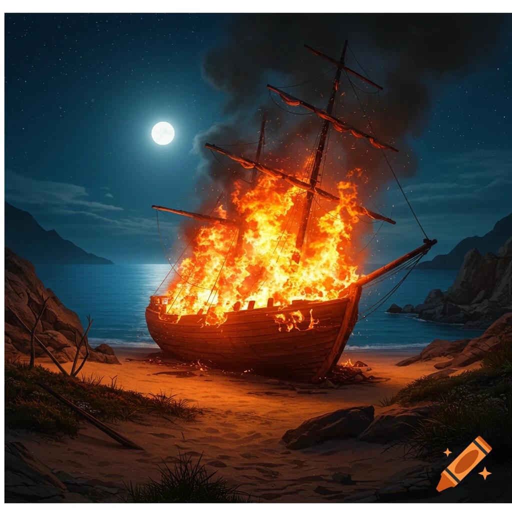 A wooden boat burns fiercely on a sandy beach at night under a bright full moon, with calm sea and distant mountains.