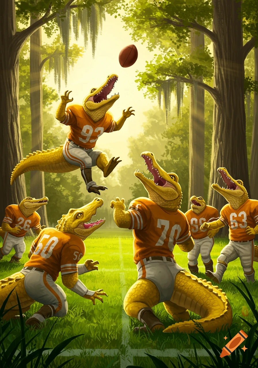 Cartoon illustration of yellow alligators in football uniforms playing football in a sunny, forested field.