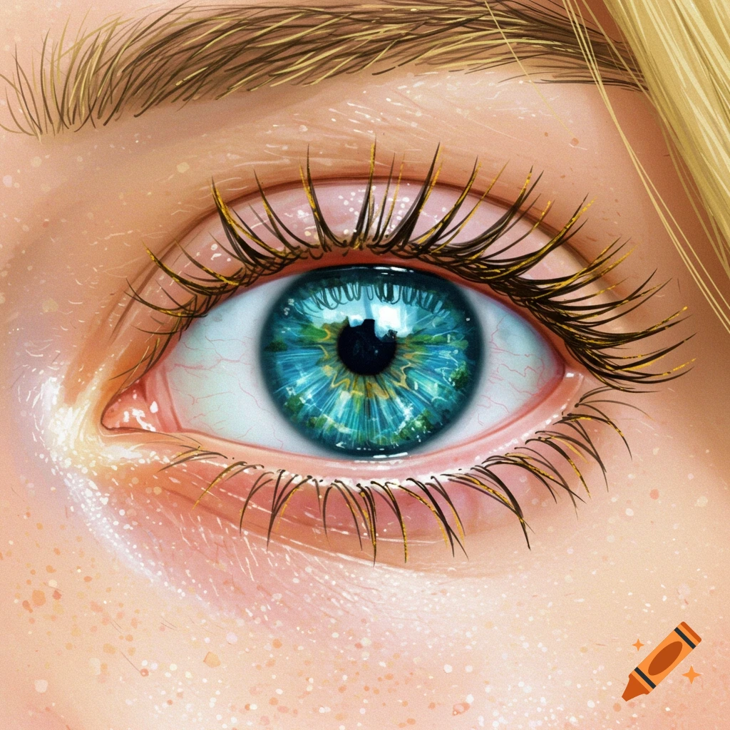 A close-up illustration of a human eye with a vibrant blue and green iris resembling Earth's landscape, blonde eyelashes.