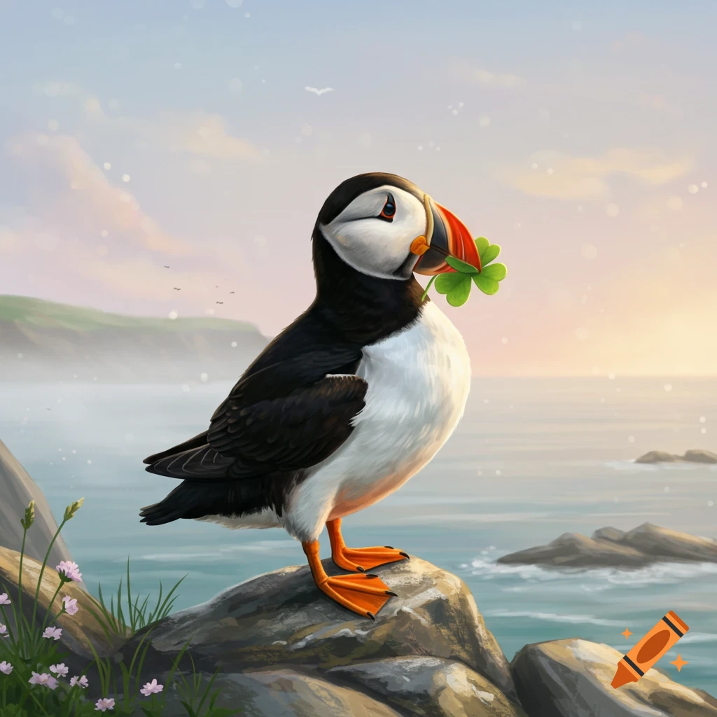 A colorful illustration of a puffin holding a four-leaf clover, standing on a rock by the sea at sunset.