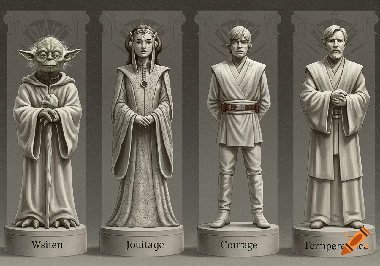 Four gray Star Wars characters (Yoda, Padme, Luke, Obi-Wan Kenobi) depicted as full-body statues on pedestals.