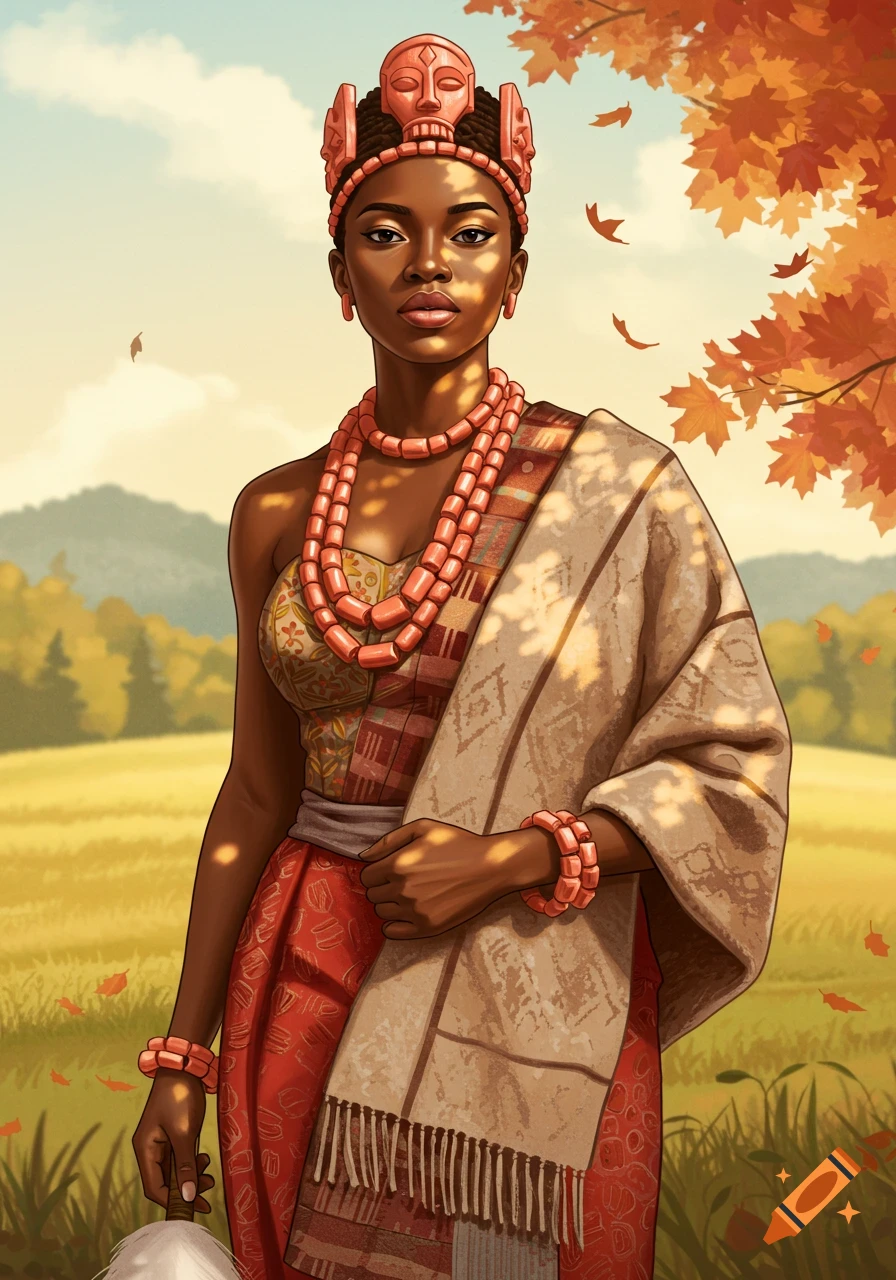 Illustration of a Nigerian woman in traditional Edo attire, coral beads, and crown, in a sun-dappled autumn field.