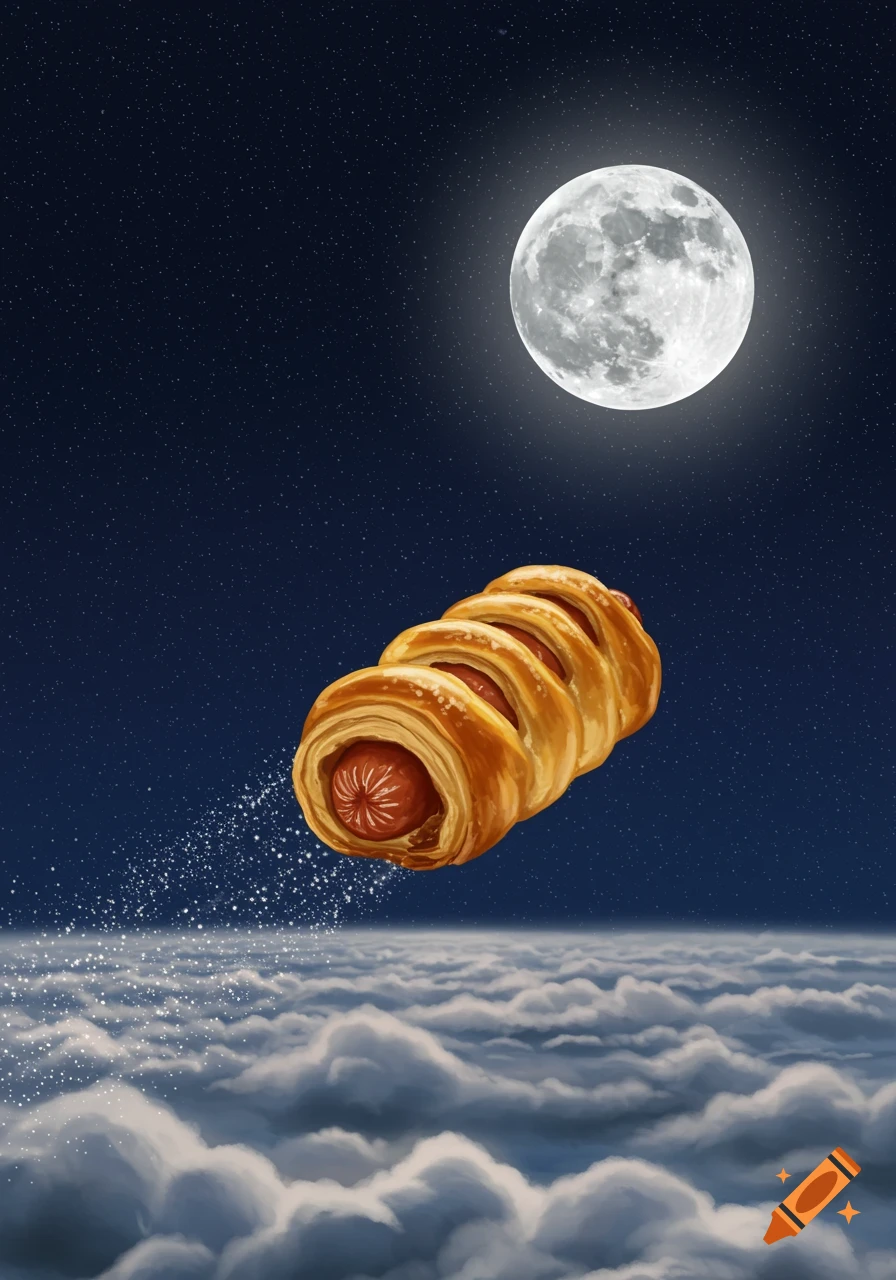 A sausage roll flies through a starry night sky above clouds, heading towards a bright full moon.