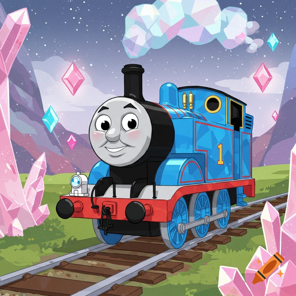 Thomas the Tank Engine, stylized with crystal facets, on train tracks in a magical landscape with large pink crystals and geometric clouds.