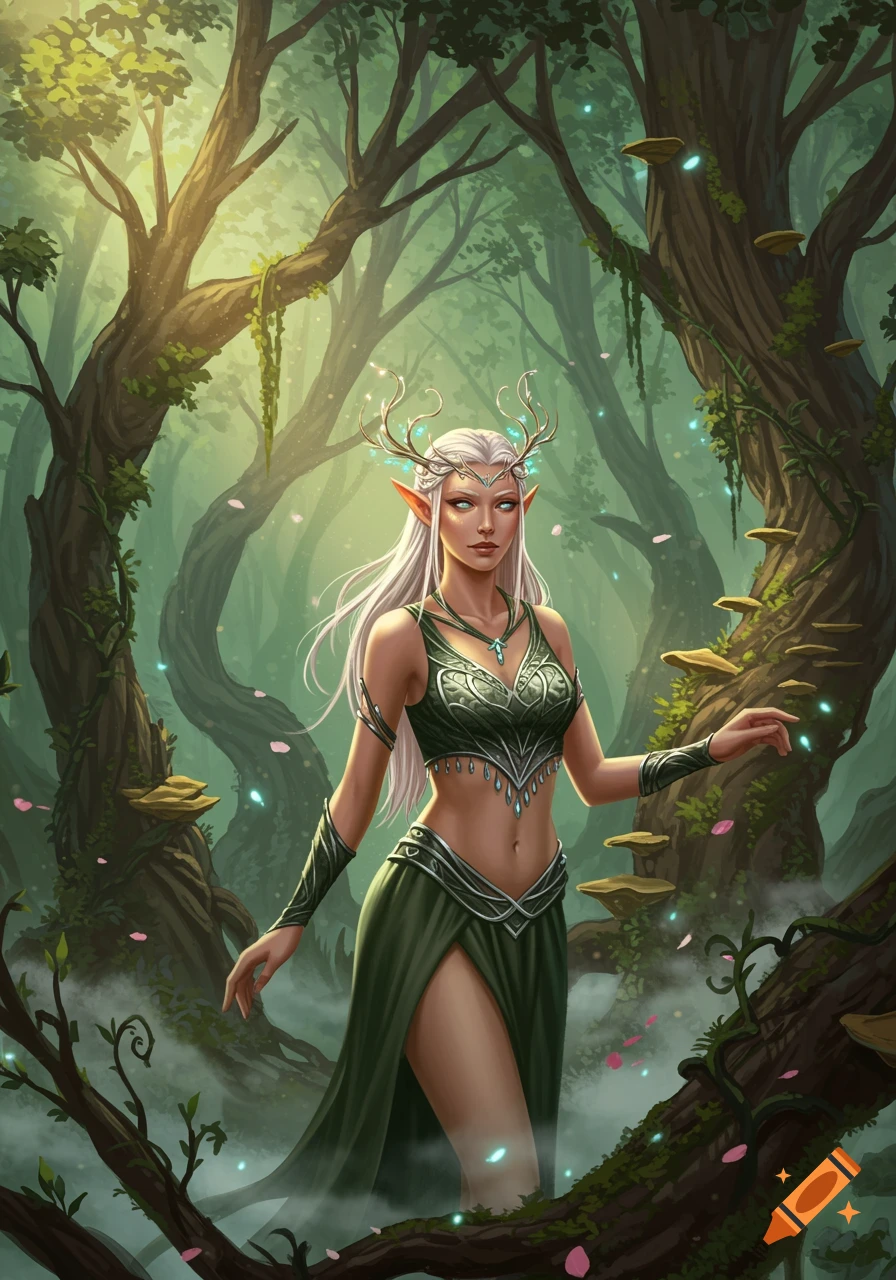 A white-haired elf in a green crop top and skirt with a high slit stands in a mystical forest, light glowing around her antlers.