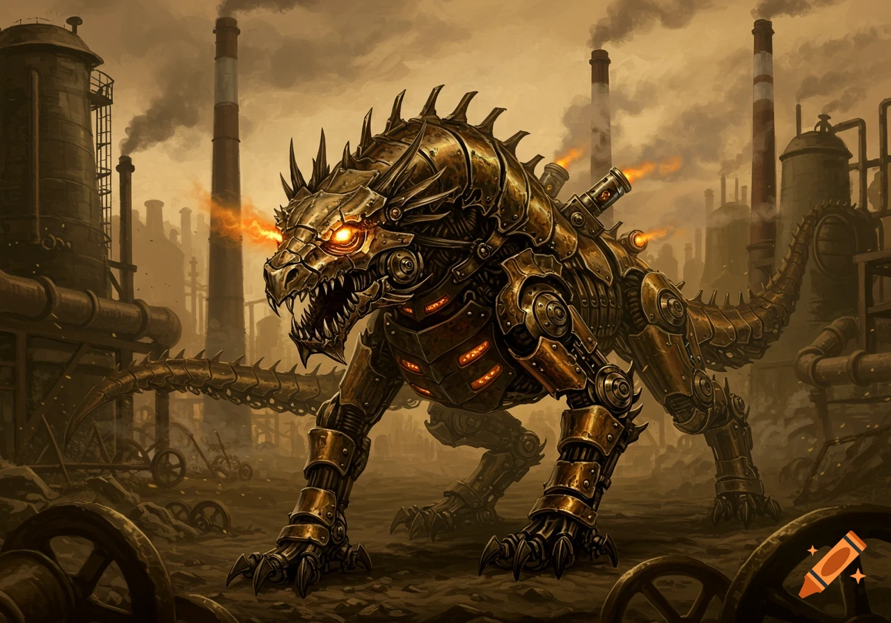 A steampunk beast with glowing eyes and intricate metallic armor stands in a gritty industrial landscape with smoking factory chimneys.