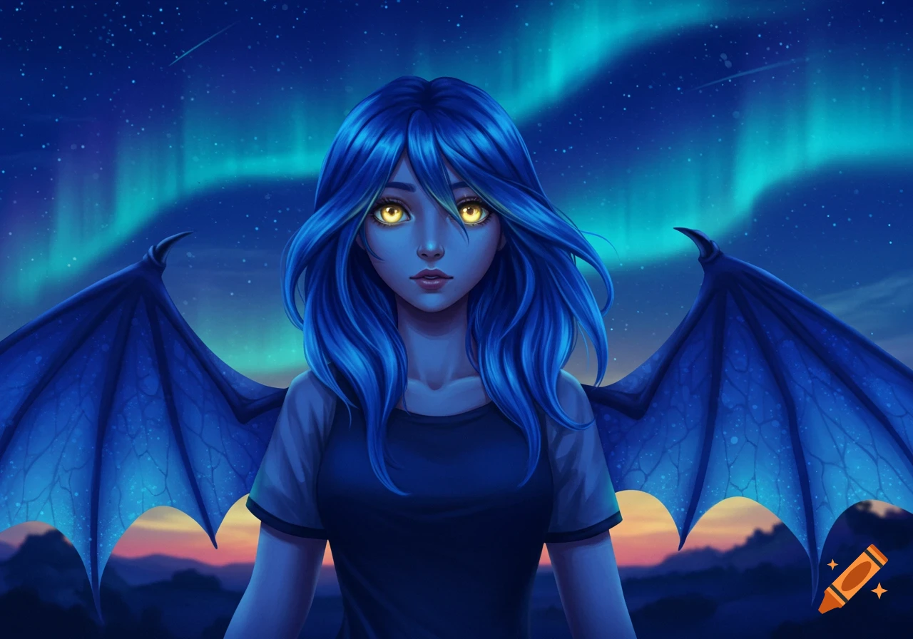An anime-style girl with blue hair and glowing yellow eyes, wearing a t-shirt, stands with blue bat wings against a night sky with aurora borealis.