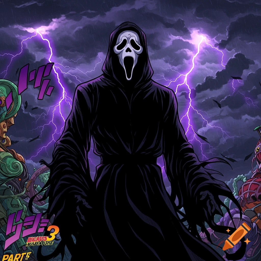 Ghostface in a dark robe stands menacingly under purple lightning in a stormy sky, in the distinctive Jojo's Bizarre Adventure anime style.