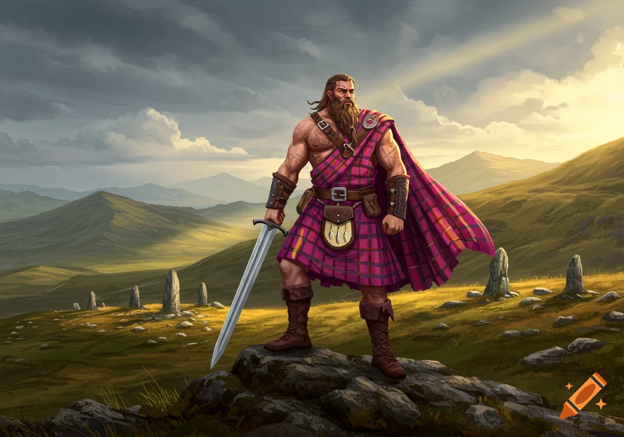 A muscular Scottish Highlander in a magenta and yellow kilt holds a sword on a rocky outcrop amidst a rugged, green landscape with standing stones under a dramatic sky.