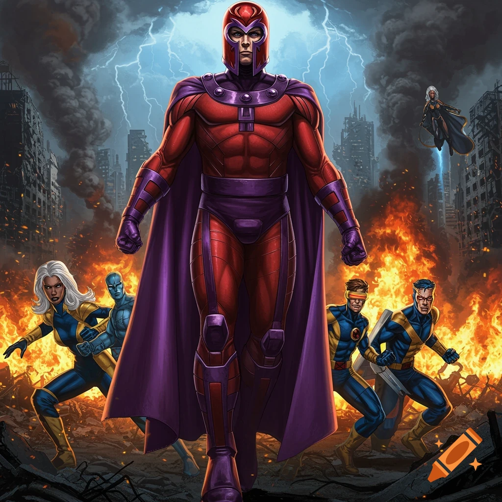 Magneto in a red and purple suit walking through a destroyed city with fire and lightning, surrounded by X-Men characters, in a comic book art style.