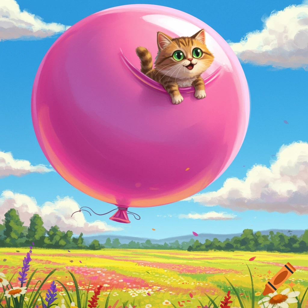 A cute striped cat with green eyes peeks out of a large pink hot air balloon, floating over a vibrant field of wildflowers under a blue sky.