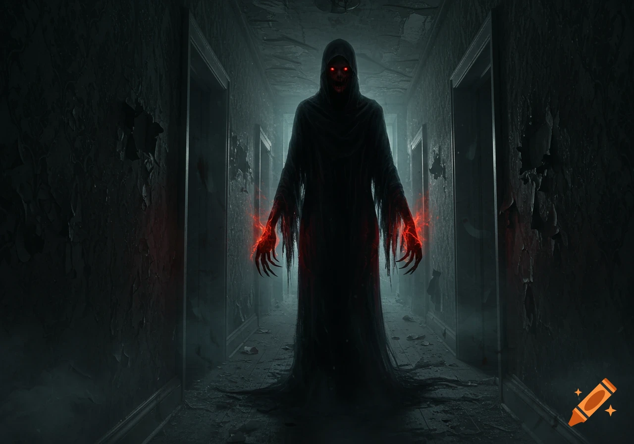 A dark, hooded cloaked figure with glowing red eyes and clawed hands stands menacingly in a decaying, dimly lit hallway.