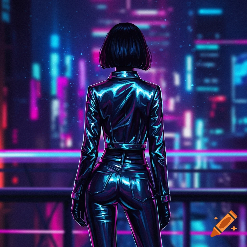 Woman in shiny black vinyl jacket and pants with a bob haircut, looking at a neon-lit futuristic city at night.
