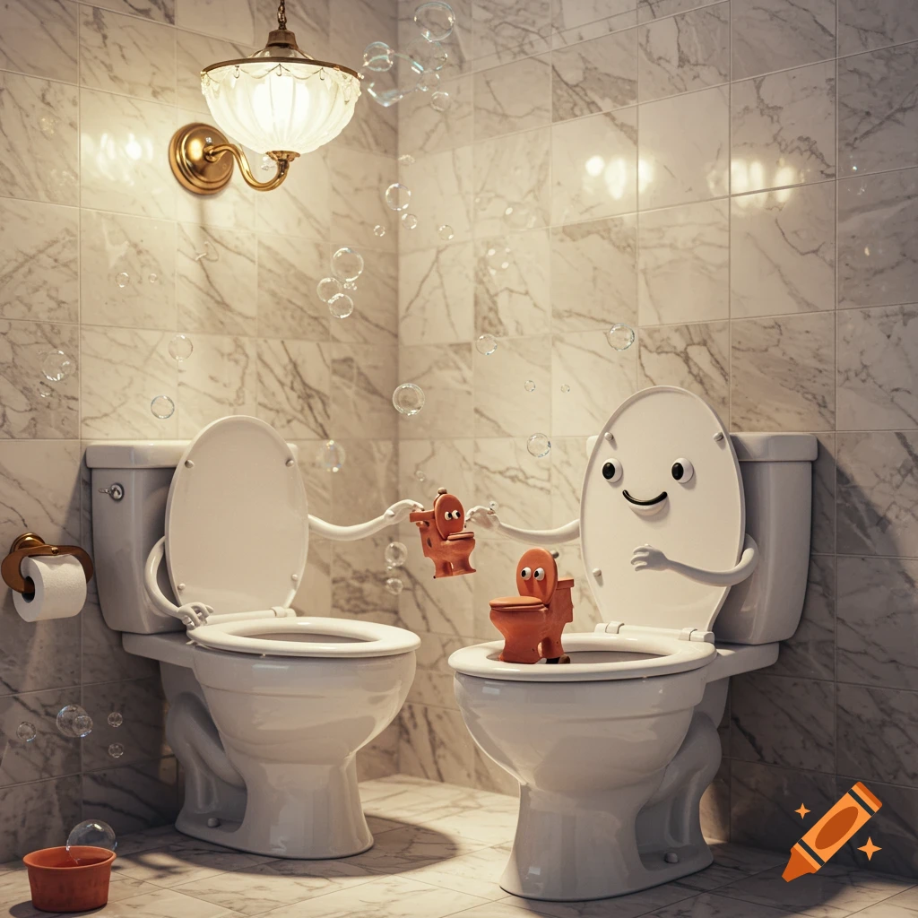 Two anthropomorphic toilets, a large one and a small one, interact in a marble bathroom with floating bubbles.