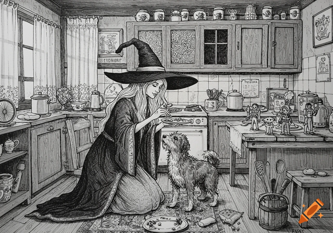 Black and white ink illustration of a witch in a pointed hat kneeling and feeding a dog a snack in a cluttered kitchen with action figures on a counter.