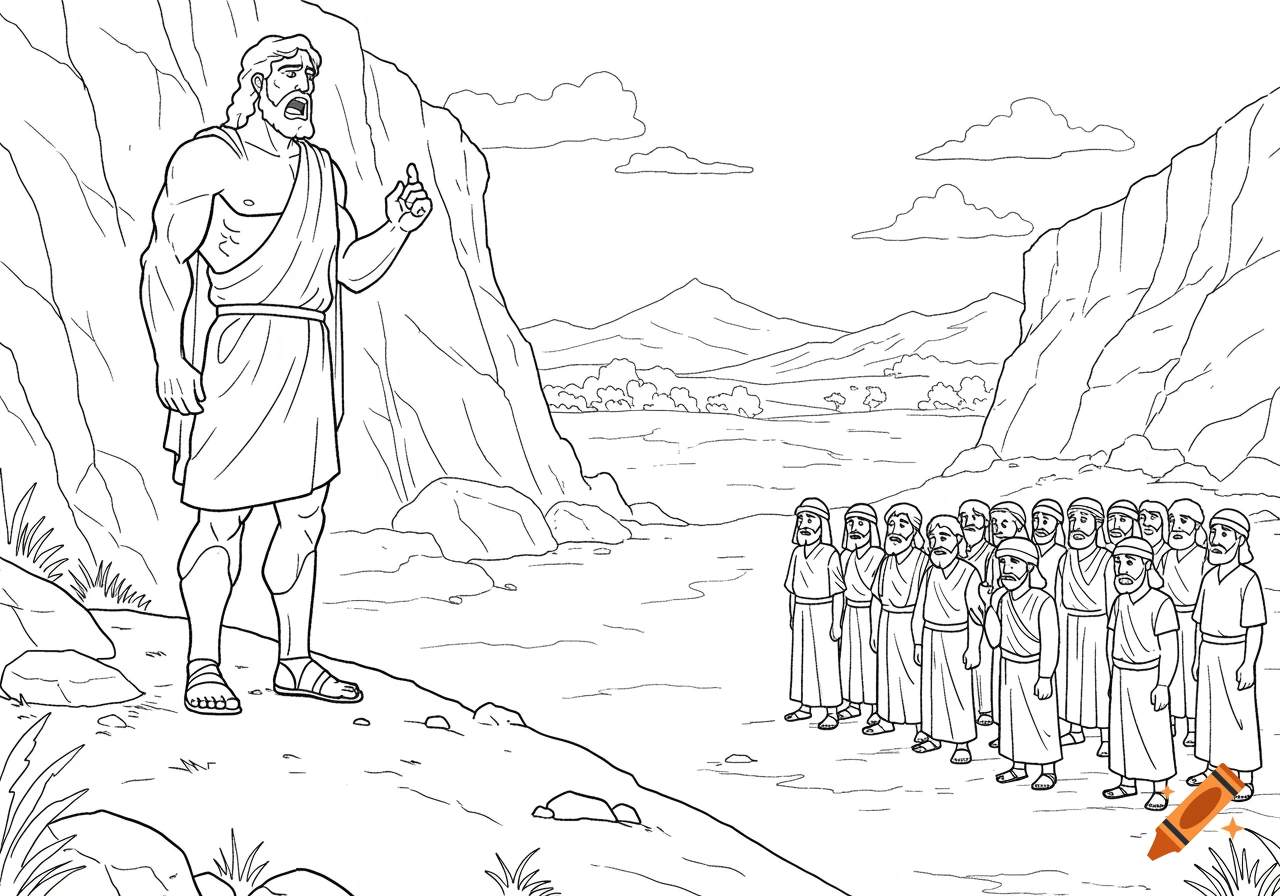 Outline illustration of Goliath shouting on one side of a valley, with a group of small Israelites standing on the other side.