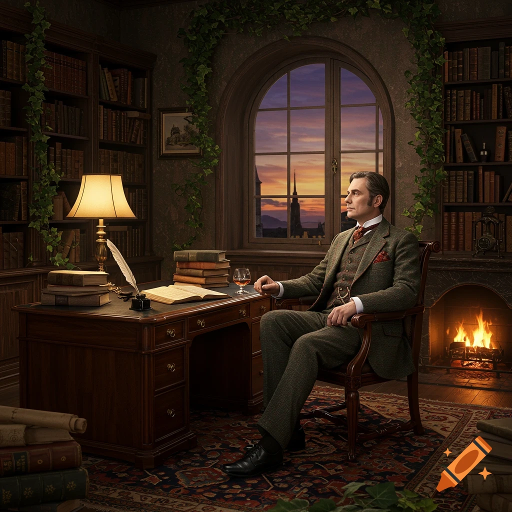Man in a tweed suit sits at a desk in a grand study with bookshelves and a fireplace, looking out an arched window at a sunset.