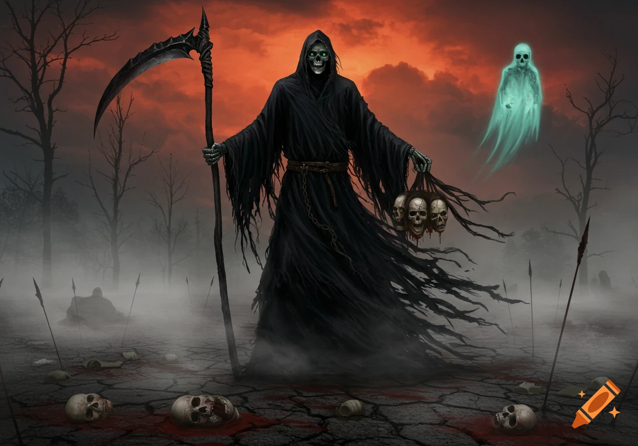 The Grim Reaper stands in a foggy, barren wasteland with skulls and blood, holding a scythe and severed heads under a fiery red sky, with a ghostly figure floating behind.